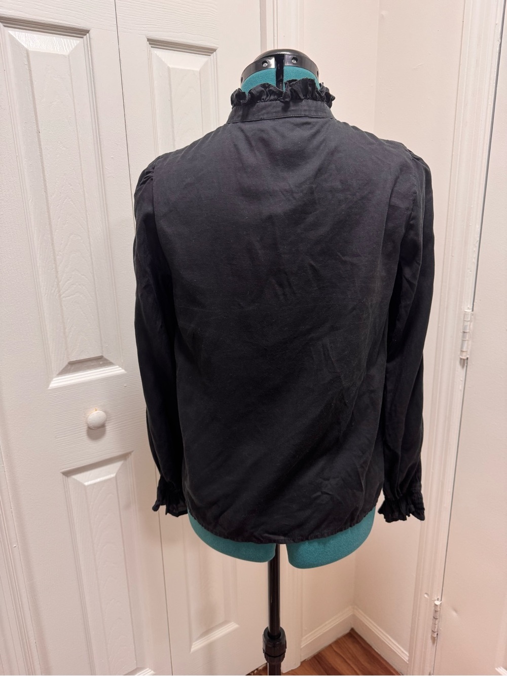 Black Ruffle-Neck Pintuck Button Front Blouse - Picture 4 of 8